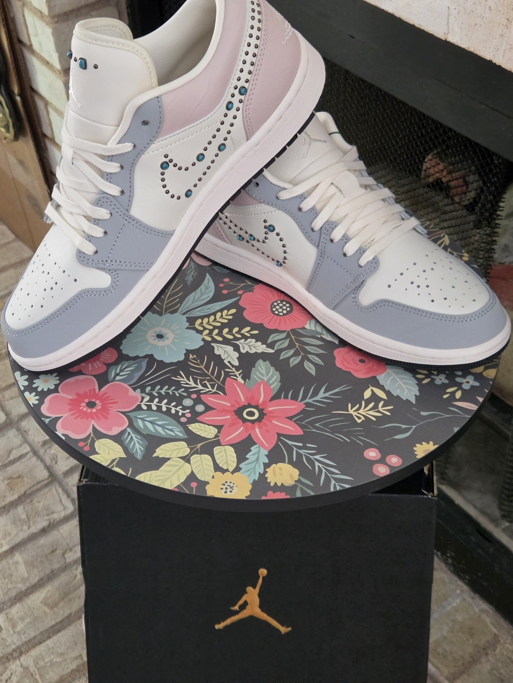 Brand New AJ1 / Pastel Pink, Light Blue & White with Turquoise Stones In Swoosh